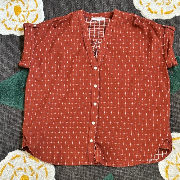 Madewell Burnt Orange button up short sleeve in geometric checkered pattern - Picture 4 of 5